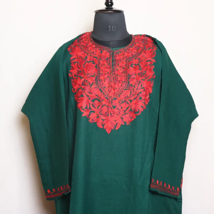 Dark Green Aari Embroidered Cashmilon Pheran for Women | Gul-Hawal Collection