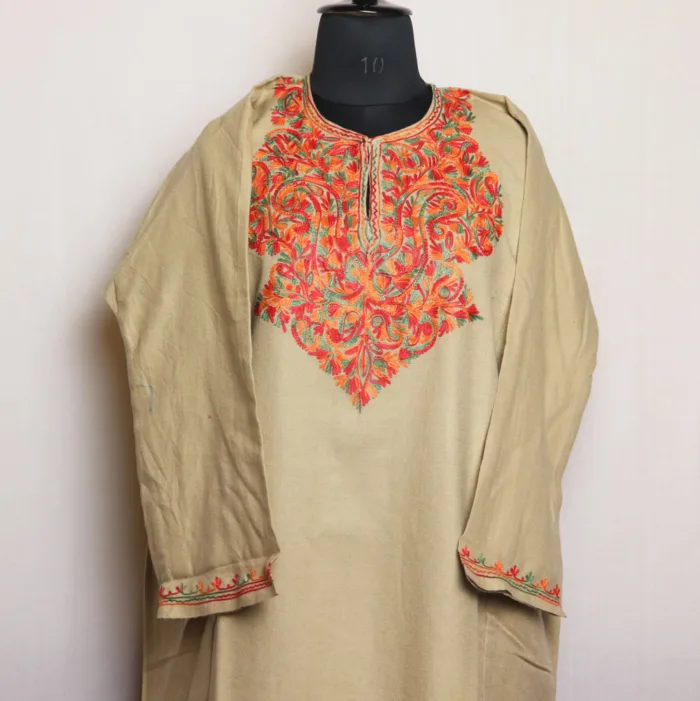 Beige Cashmilon Pheran with Elegant Aari Embroidery | Gul-Hawal Collection