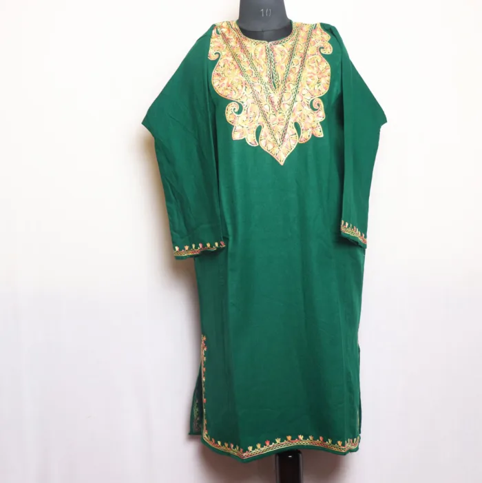 Dark Green Cashmilon Pheran with Artistic Aari Embroidery | Gul-Hawal Collection - Image 2