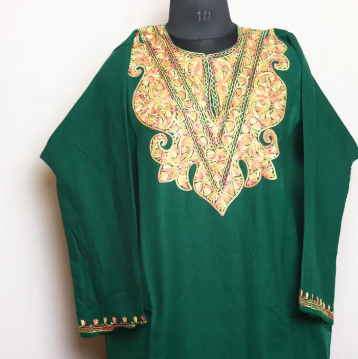 Dark Green Cashmilon Pheran with Artistic Aari Embroidery | Gul-Hawal Collection