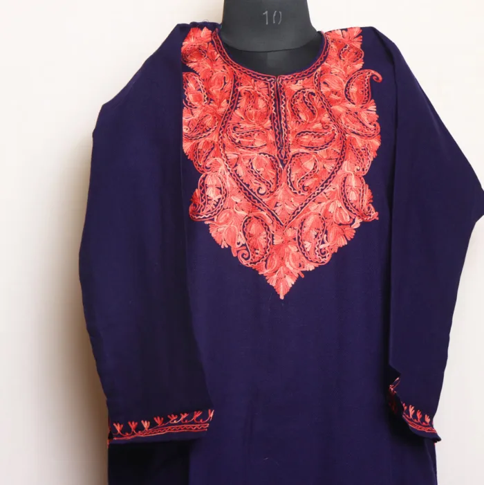 Navy Blue Cashmilon Pheran with Elegent Aari Detailing | Gul-Hawal Collection