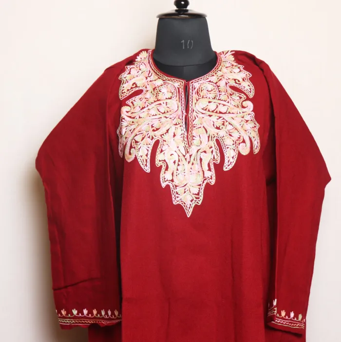 Maroon Aari Embroidered Cashmilon Pheran for Women | Gul-Hawal Collection