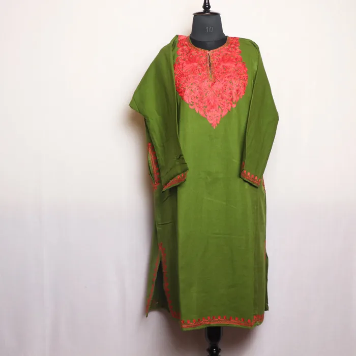 Olive Green Cashmilon Pheran with Elegant Aari Embroidery | Gul-Hawal Collection - Image 2