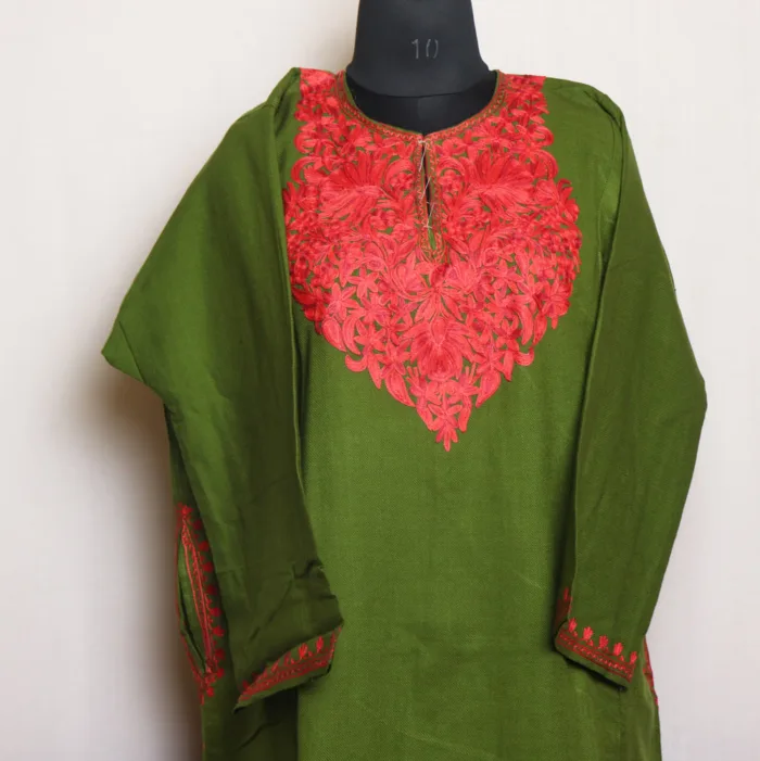 Olive Green Cashmilon Pheran with Elegant Aari Embroidery | Gul-Hawal Collection