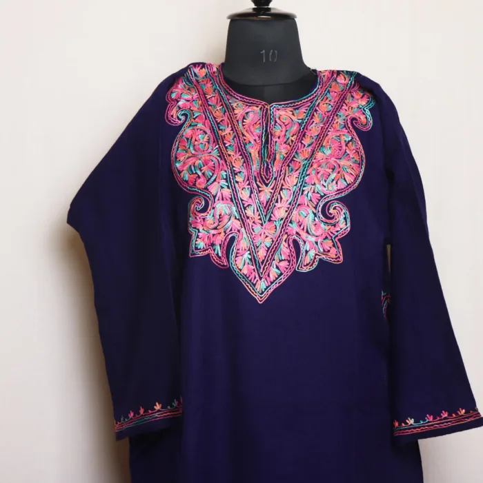 Navy Blue Aari Embroidered Cashmilon Pheran | Gul-Hawal Collection