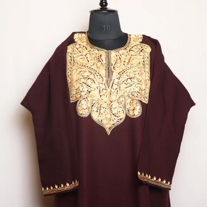 Brown Cashmilon Pheran with Refined Aari Detailing | Gul-Hawal Collection