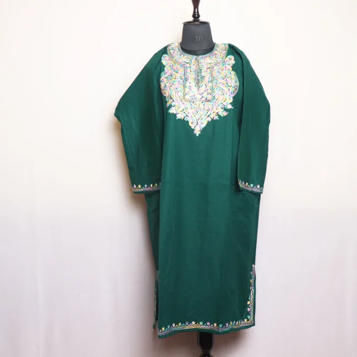 Dark Green Cashmilon Pheran with Stunning Aari Design | Gul-Hawal Collection - Image 2