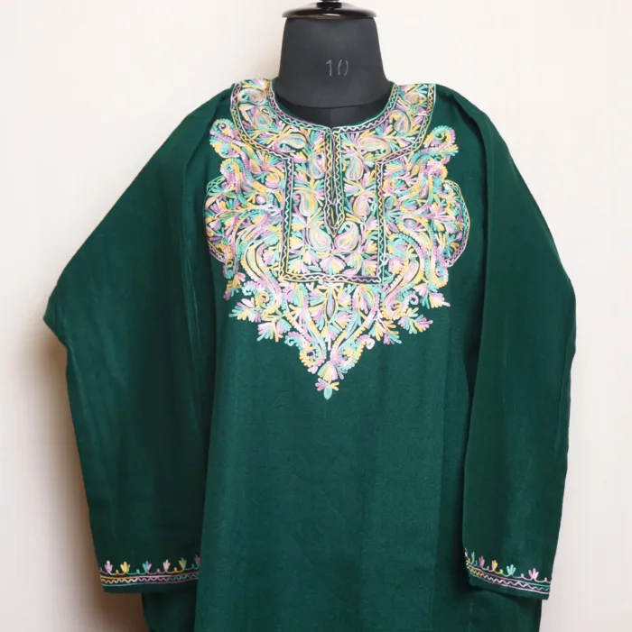 Dark Green Cashmilon Pheran with Stunning Aari Design | Gul-Hawal Collection