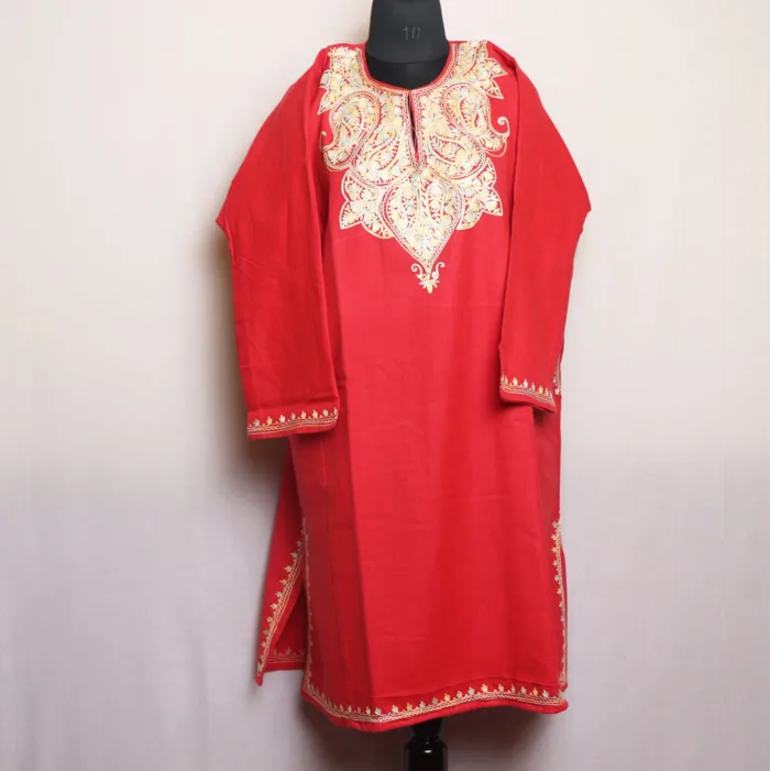 Soft Red Aari Embroidered Cashmilon Pheran | Gul-Hawal Collection - Image 2