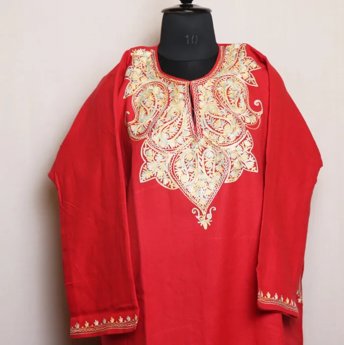 Soft Red Aari Embroidered Cashmilon Pheran | Gul-Hawal Collection