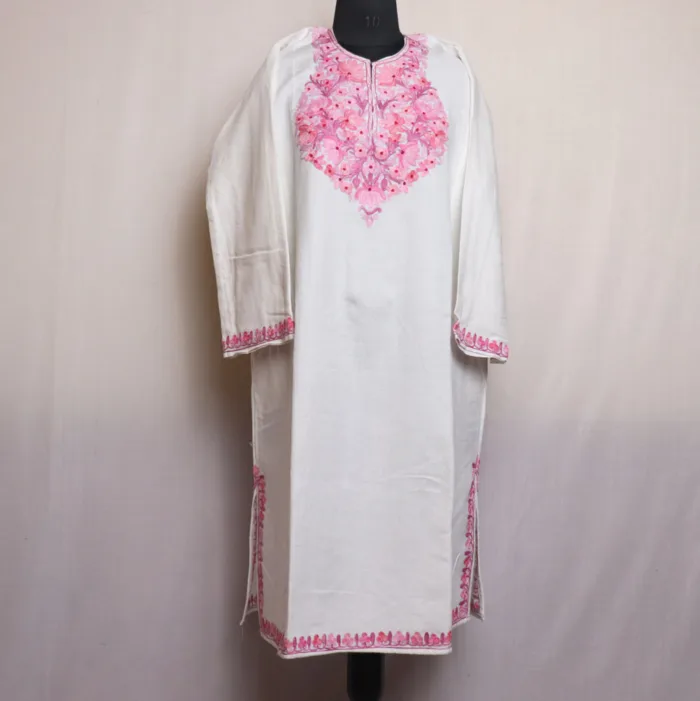 Premium White Cashmilon Pheran with Aari Embroidery - Zikr Collection - Image 2