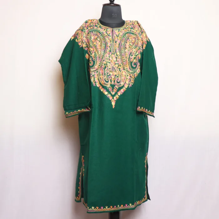 Dark Green Cashmilon Pheran Adorned with Front & Back Aari Embroidery - Zikr Collection - Image 2