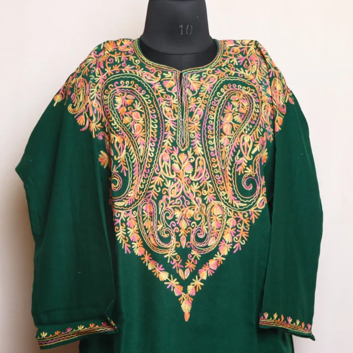 Dark Green Cashmilon Pheran Adorned with Front & Back Aari Embroidery - Zikr Collection