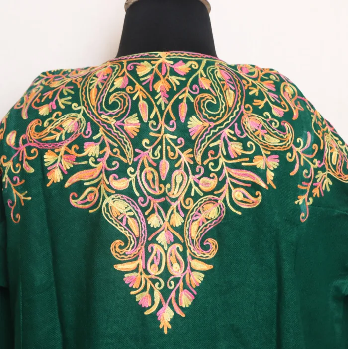 Dark Green Cashmilon Pheran Adorned with Front & Back Aari Embroidery - Zikr Collection - Image 4