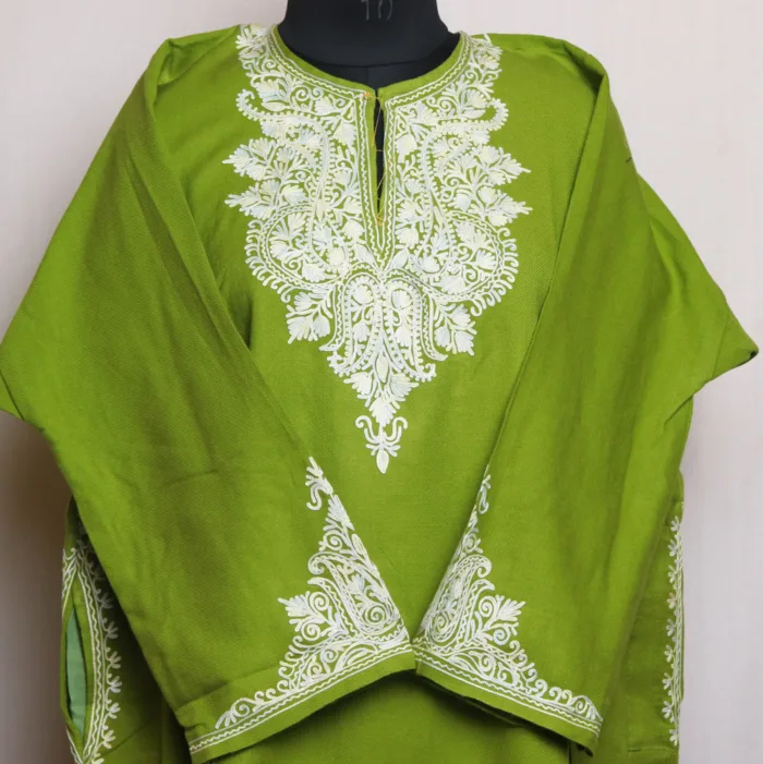 Classic Sleeve Aari Embroidered Parrot Green Cashmilon Pheran for Winter Wear - Zikar Collection