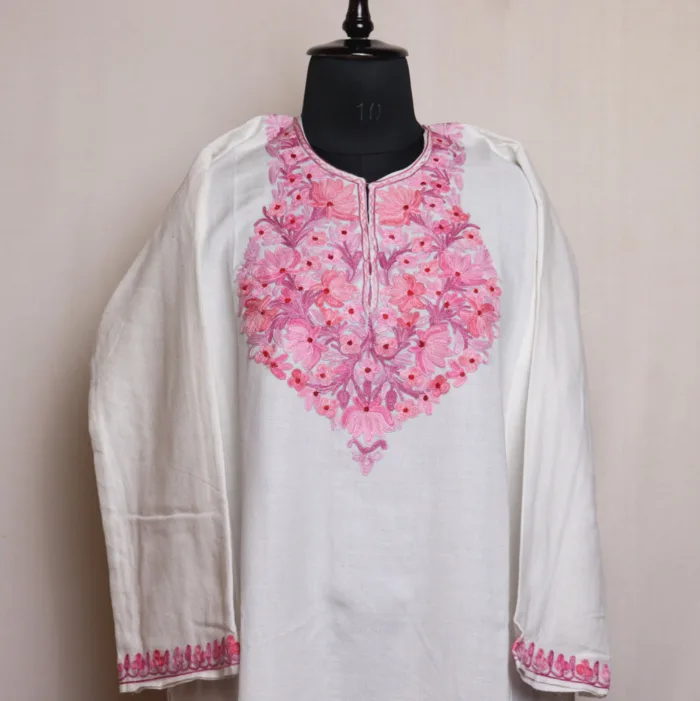 Premium White Cashmilon Pheran with Aari Embroidery - Zikr Collection