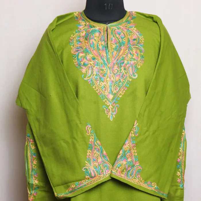 Elegant Green Cashmilon Pheran with Sleeve Aari Embroidery - Zikar Collection