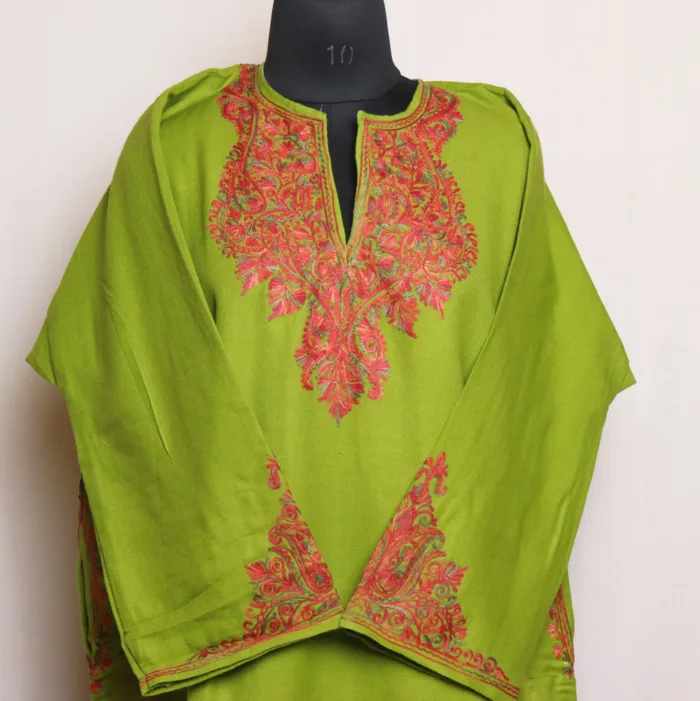 Green Cashmilon Pheran with Sleeve Aari Detailing - Zikar Collection