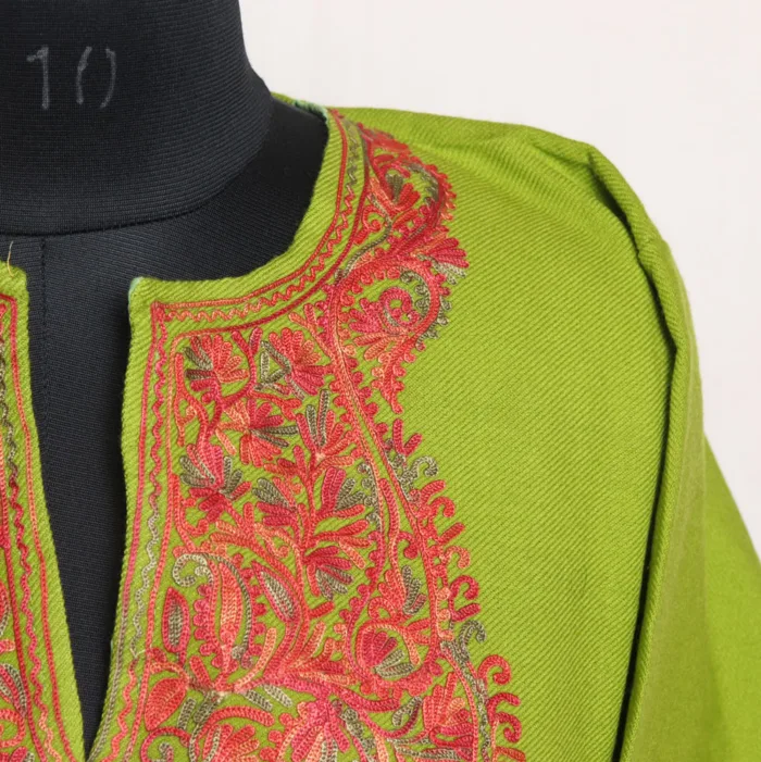 Green Cashmilon Pheran with Sleeve Aari Detailing - Zikar Collection - Image 3