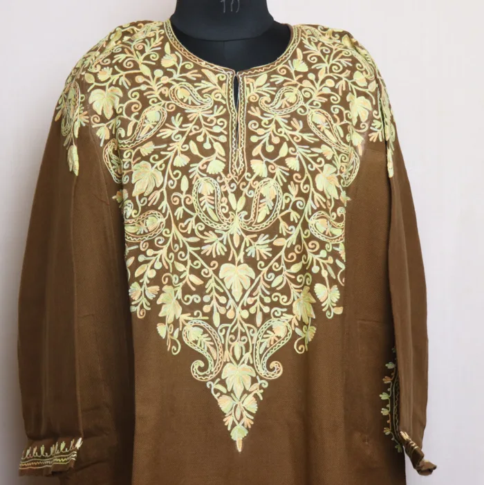 Chocolate Cashmilon Pheran with Front Back  Aari Embroidery - Zikr Collection