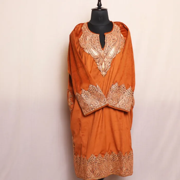 Rust Velvet Pheran with Heavy Sleeve and Daman Tilla Embroidery - Gulsitan Collection