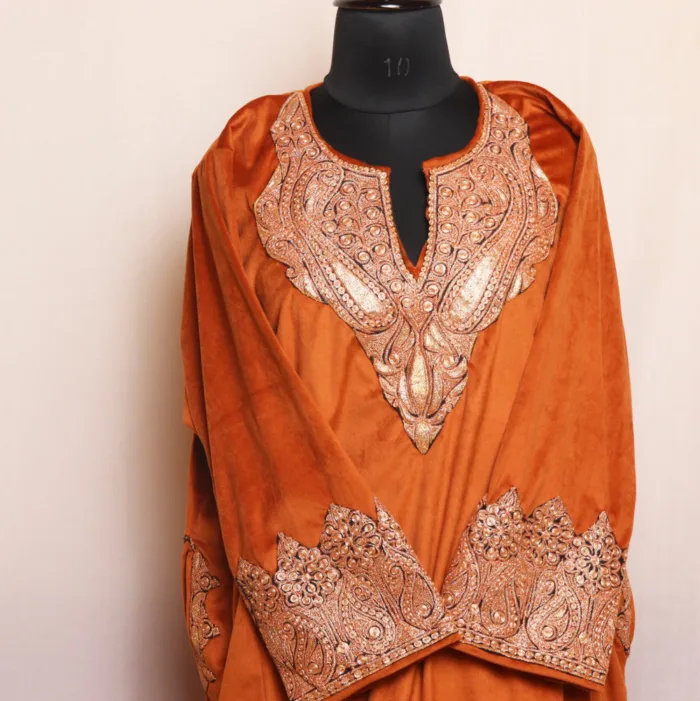 Rust Velvet Pheran with Heavy Sleeve and Daman Tilla Embroidery - Gulsitan Collection - Image 2