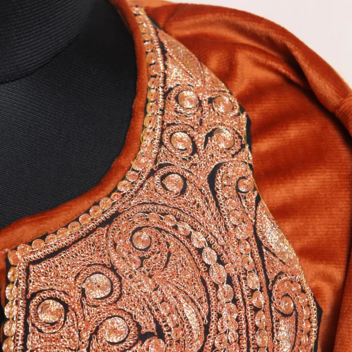 Rust Velvet Pheran with Heavy Sleeve and Daman Tilla Embroidery - Gulsitan Collection - Image 3