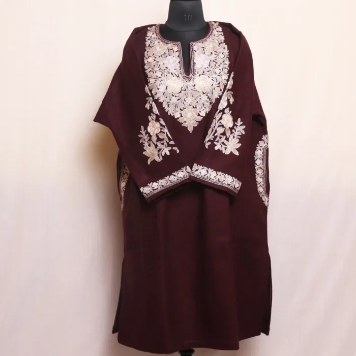 Elegant Wine Tweed Aari and Zari Outline Pheran - Gulistan Collection - Image 2