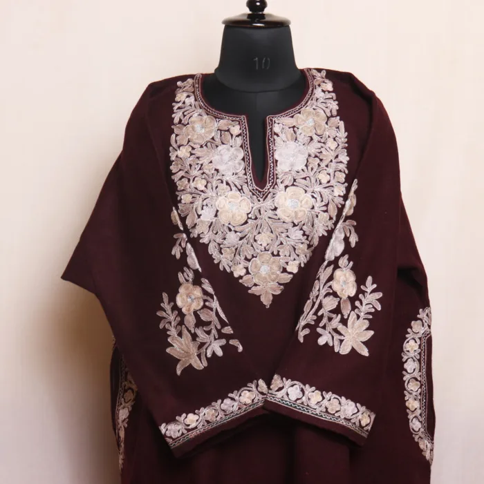 Elegant Wine Tweed Aari and Zari Outline Pheran - Gulistan Collection