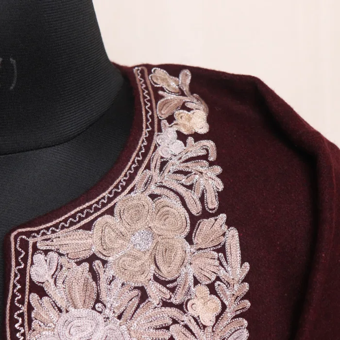 Elegant Wine Tweed Aari and Zari Outline Pheran - Gulistan Collection - Image 3