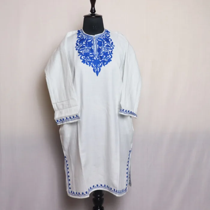 White Cozy Cashmilon Short Pheran With Aari Embroidery - Meesha Collection (L: 39)