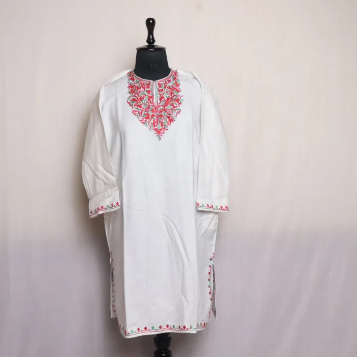 Girls White Short Pheran in Cashmilon With Aari Work - Meesha Collection (L: 39)