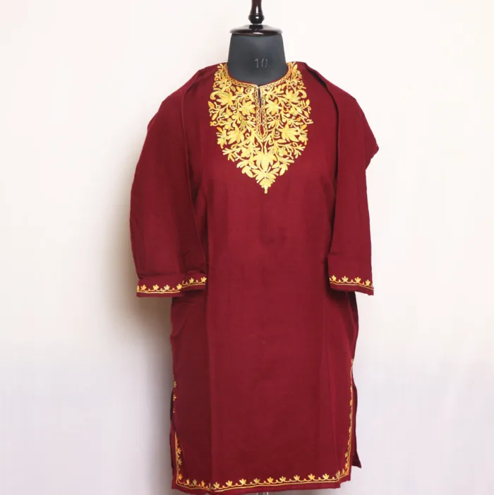 Maroon Short Pheran in Cashmilon With Aari Work - Meesha Collection (L: 36)