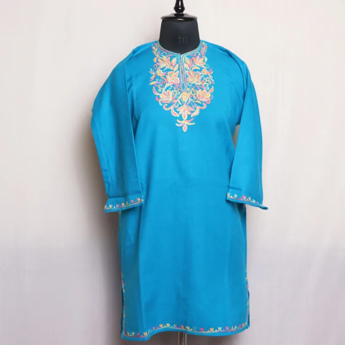 Cozy Sky Blue Cashmilon Short Pheran With Aari Embroidery - Meesha Collection (L: 36)