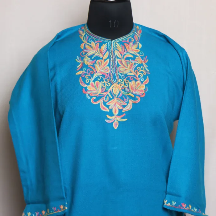 Cozy Sky Blue Cashmilon Short Pheran With Aari Embroidery - Meesha Collection (L: 36) - Image 2