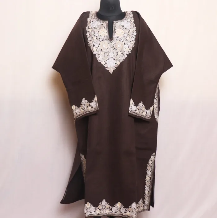 Dark Brown Premium Tweed Pheran with Aari and Zari Work - Zohra Collection