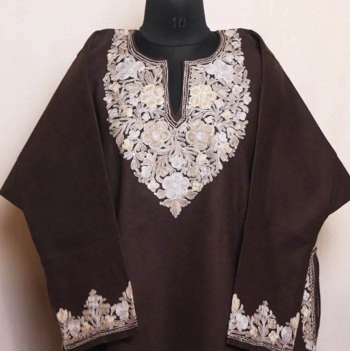 Dark Brown Premium Tweed Pheran with Aari and Zari Work - Zohra Collection - Image 2