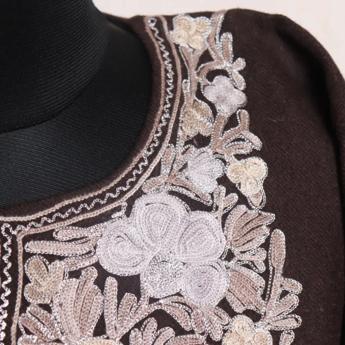 Dark Brown Premium Tweed Pheran with Aari and Zari Work - Zohra Collection - Image 4