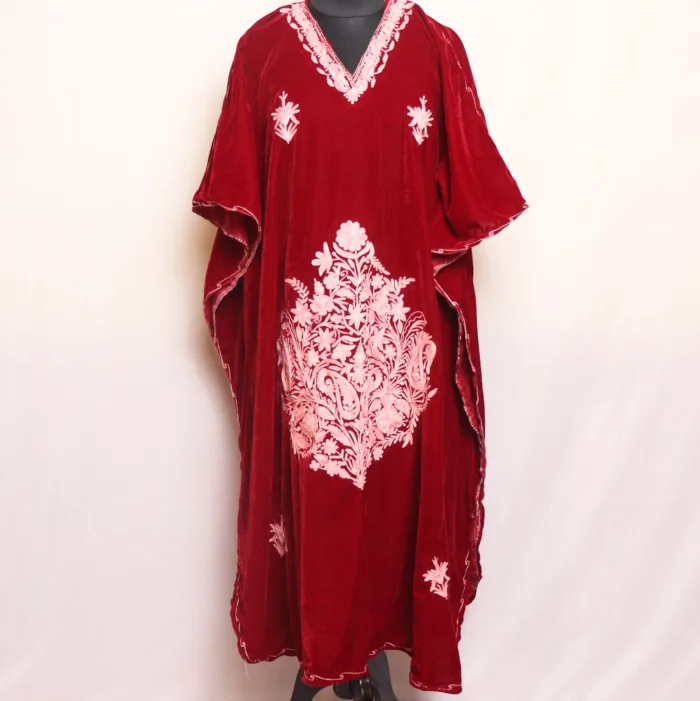 Red Velvet | Makhmal Kaftan Adorned with Beautiful Aari Designs - Kausar Collection