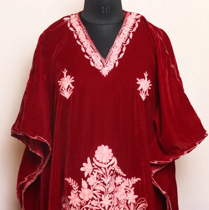 Red Velvet | Makhmal Kaftan Adorned with Beautiful Aari Designs - Kausar Collection - Image 2