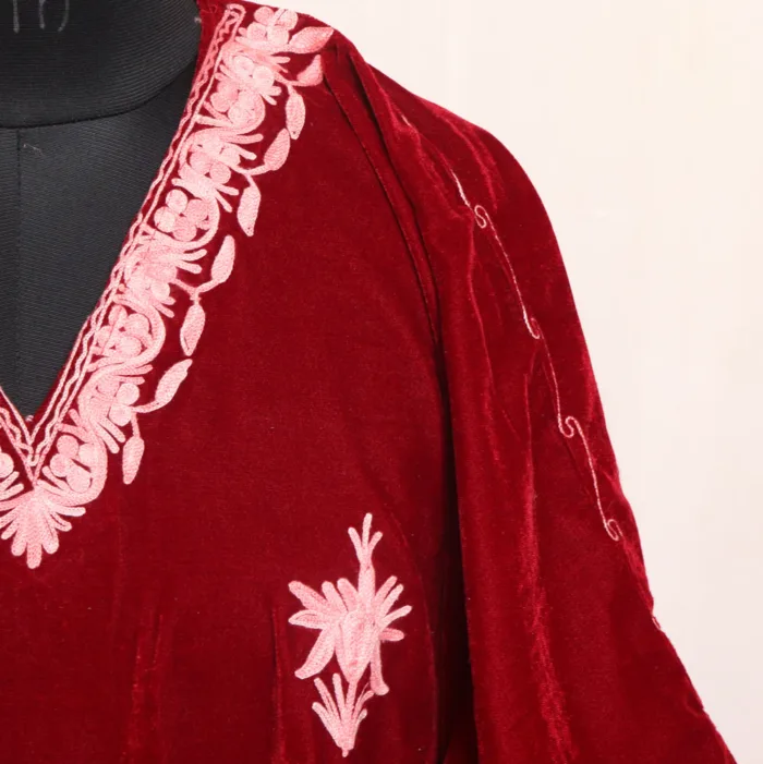 Red Velvet | Makhmal Kaftan Adorned with Beautiful Aari Designs - Kausar Collection - Image 3