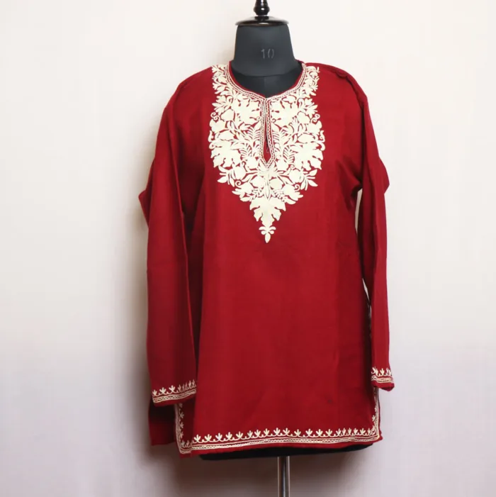 Maroon Short Woolen Kurta with Intricate Aari Embroidery - Gulnaaz Collection