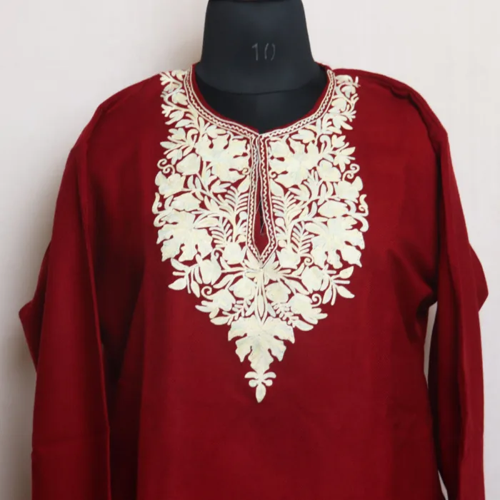 Maroon Short Woolen Kurta with Intricate Aari Embroidery - Gulnaaz Collection - Image 2