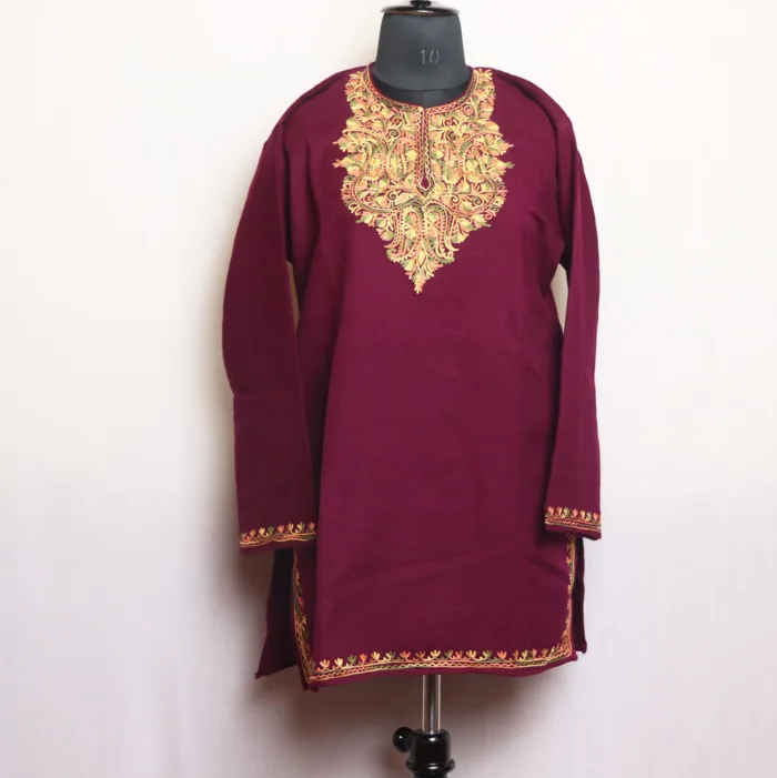 Navy Purple Cashmilon Short Woolen Kurta with Beautiful Aari Work - Gulnaaz Collection