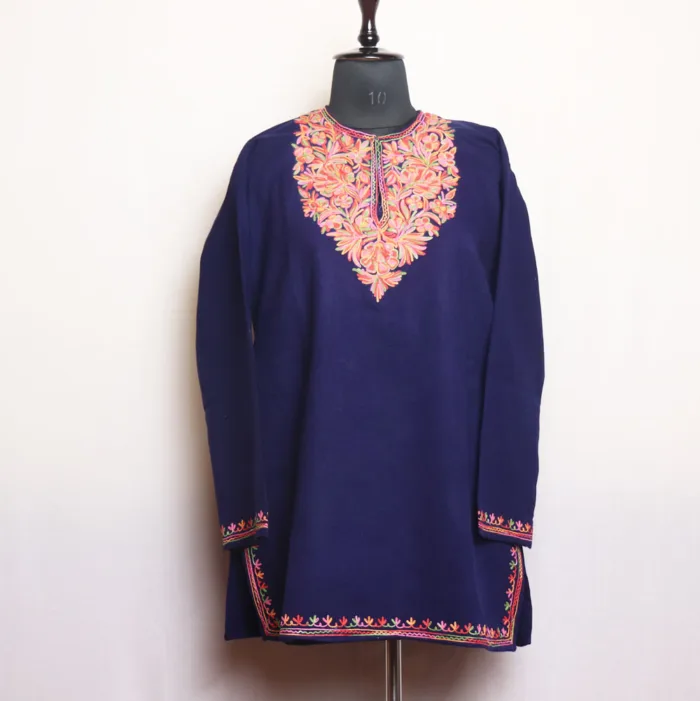 Navy Blue Short Woolen Kurta with Stylish Aari Embroidery - Gulnaaz Collection