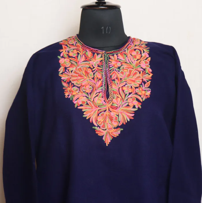 Navy Blue Short Woolen Kurta with Stylish Aari Embroidery - Gulnaaz Collection - Image 2