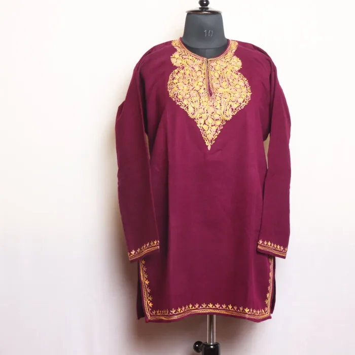 Purple Short Woolen Kurta with Graceful Aari Detailing - Gulnaaz Collection