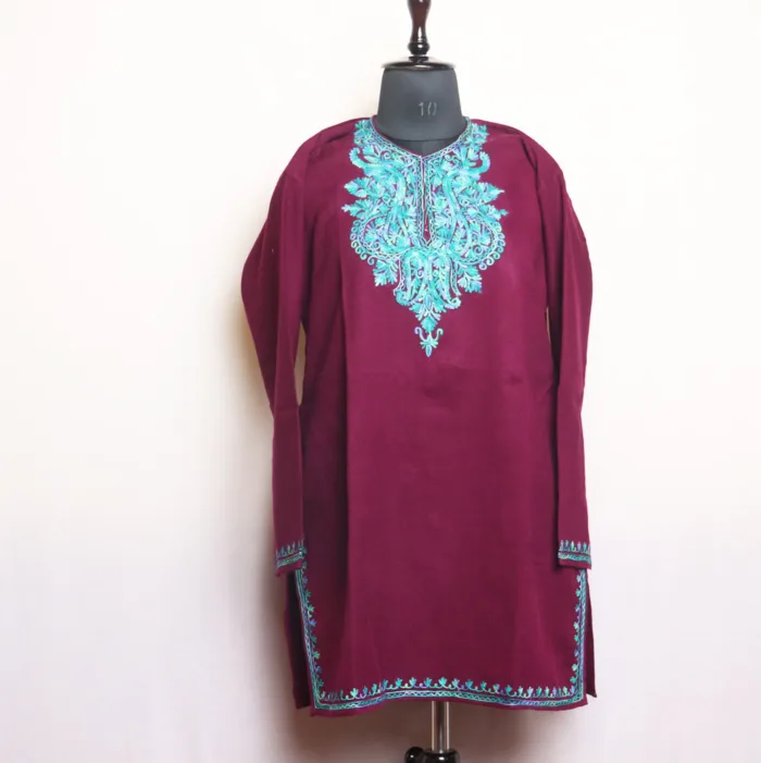 Purple Cashmilon Short Woolen Kurta with Classic Aari Work - Gulnaaz Collection