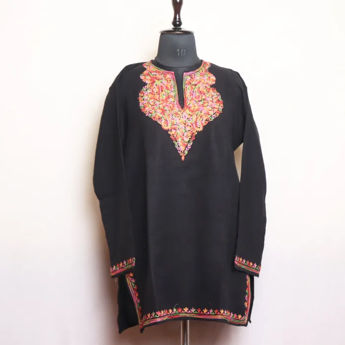 Black Short Woolen Kurta with Detailed Aari Embroidery - Gulnaaz Collection