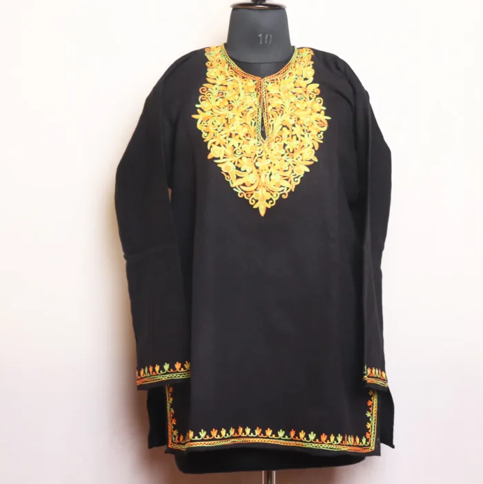 Black Short Woolen Kurta with Artistic Aari Embroidery - Gulnaaz Collection